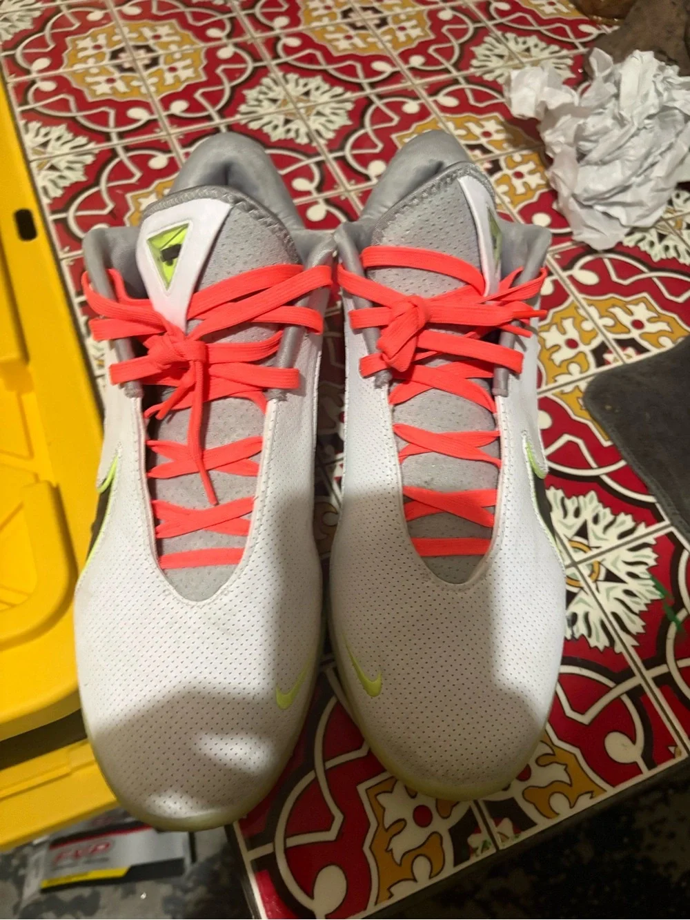 Nike Kids White Sneakers with Coral Laces and Neon Green Accents